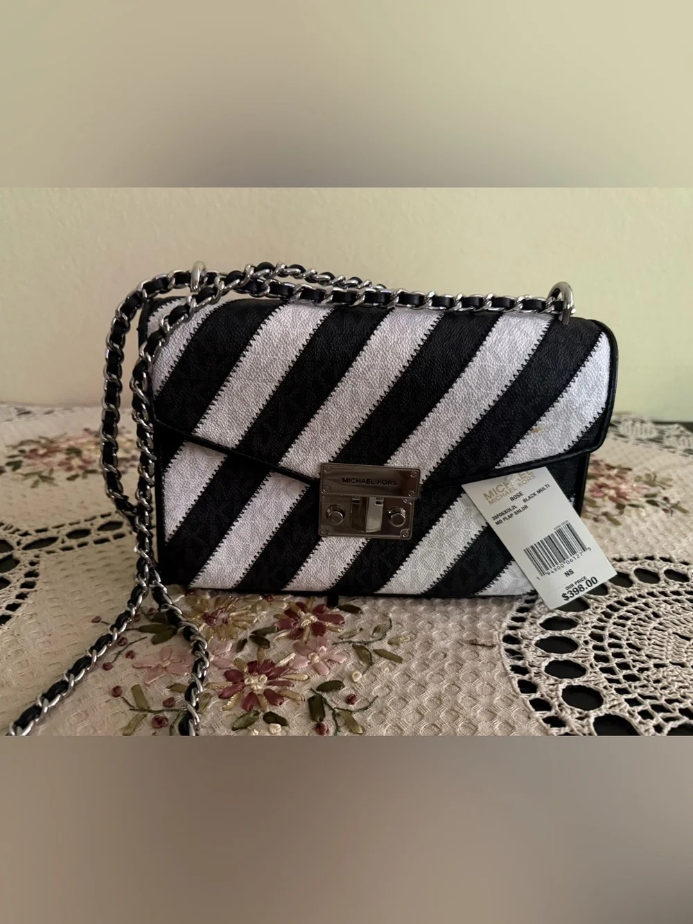 Michael Kors Black and White Diagonal Stripe Chain Shoulder Bag